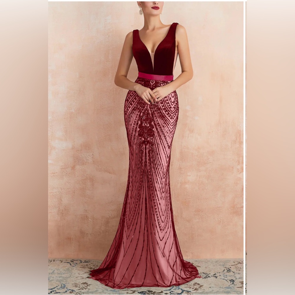 Elegant Burgundy and Pink Sequin Mermaid Evening Gown